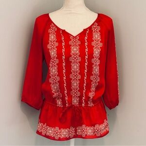 White House Black Market Red Blouse with White Detailing